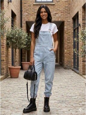 Toxik3 Parisian Stretch Denim Bib Overalls Light Wash Utility Jogger Jumpsuit L